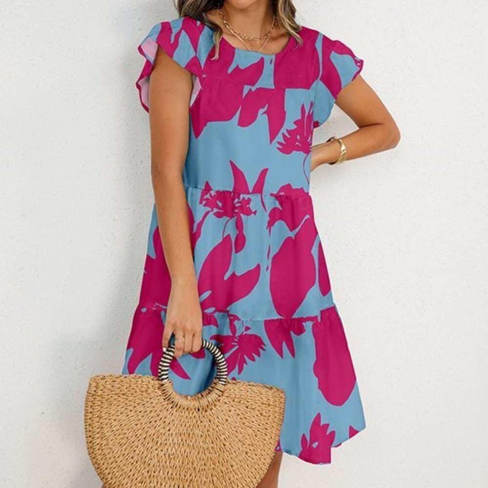 Rose Red & Blue Floral Flutter-Sleeve Dress - Size M